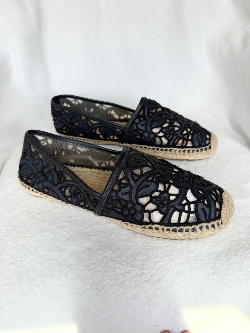 Tory Burch Black Cotton Lace and Leather Jackie Espadrilles 10.5